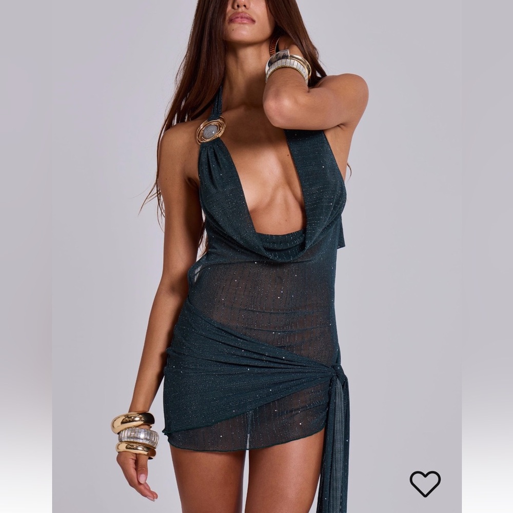 Jaded London Cowl Neck Halter Mini Dress in Shimmering Teal